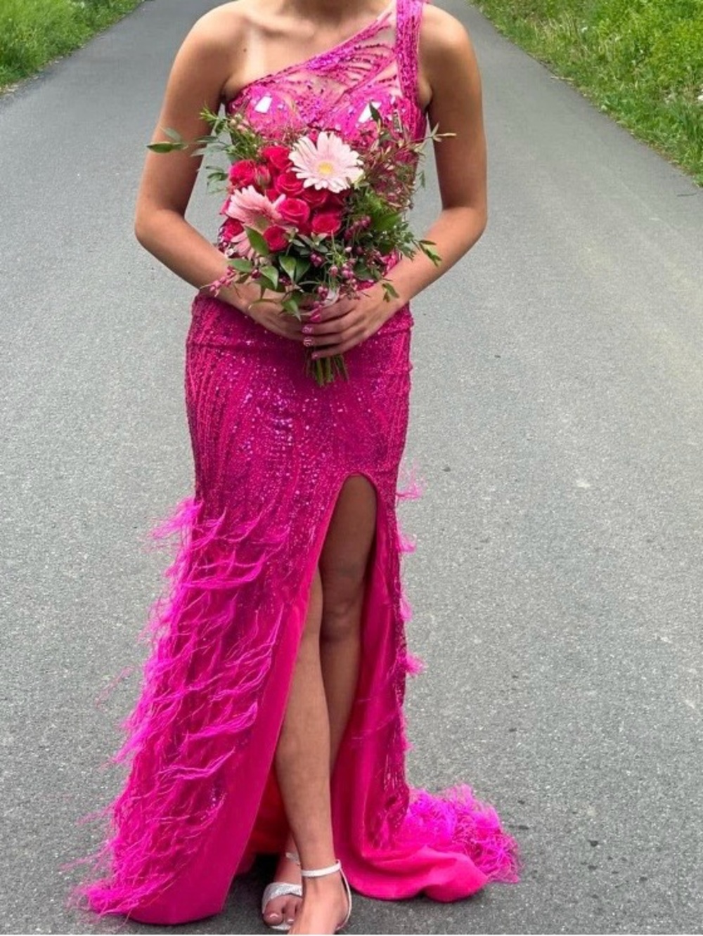 Scarlett Hot Pink One-Shoulder Sequin & Feather Prom Dress